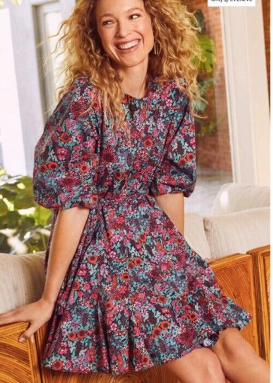 EVEREVE NWT Sutton Cotton Tie Waist Floral Dress Women’s Medium Puff Sleeve READ